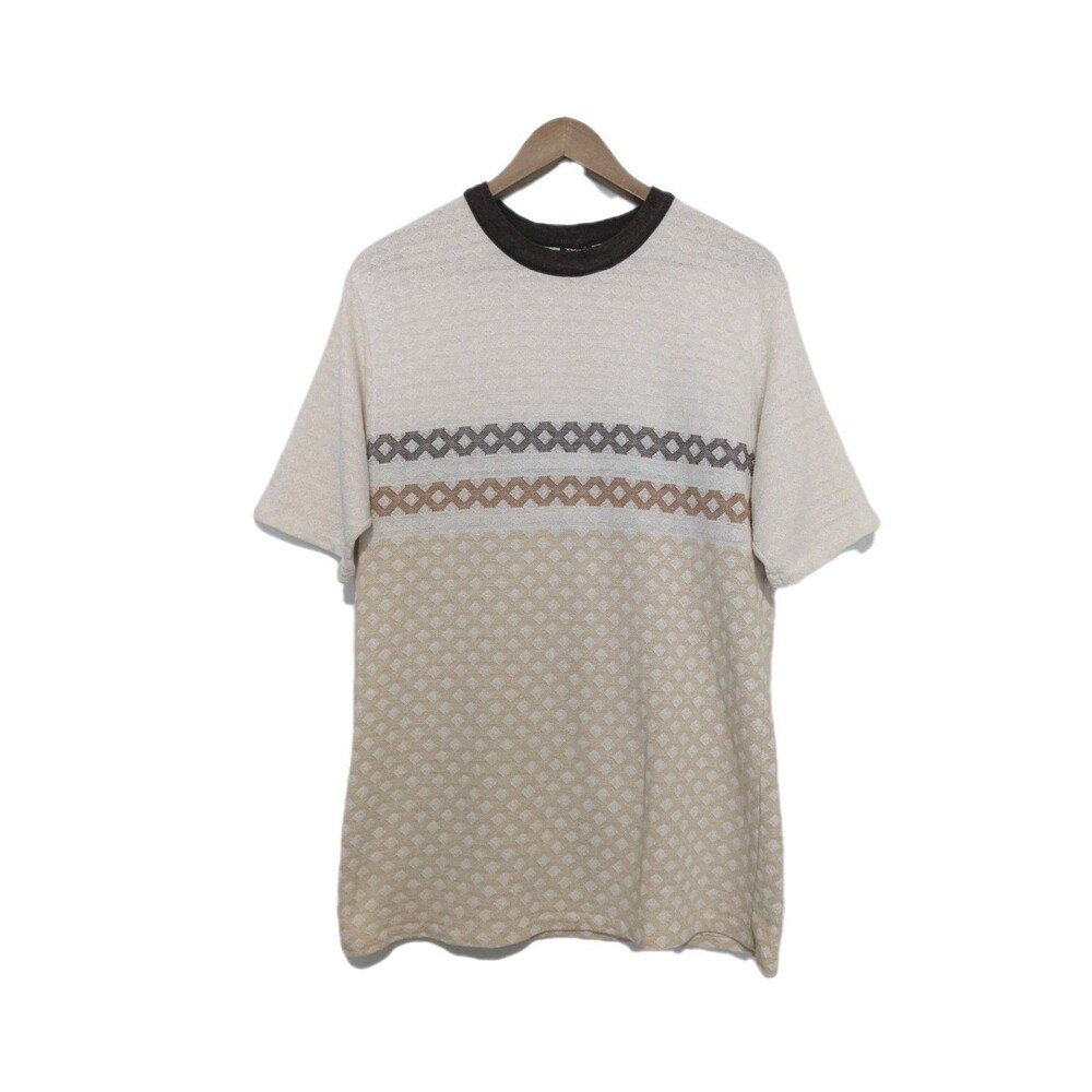 Tan Geo Single Stitch Poly Knit Cotton Ringer T Shirt XL Vintage 70s 80s USA